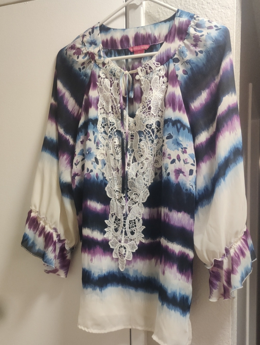 Sunny Leigh Purple, Blue & Cream Lace-Front Peasant Tunic